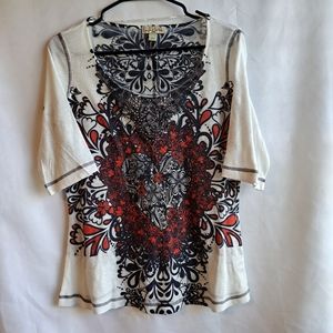 One World Live And Let Live Womens Ribbed Floral And Embroidered Top Size PL Red
